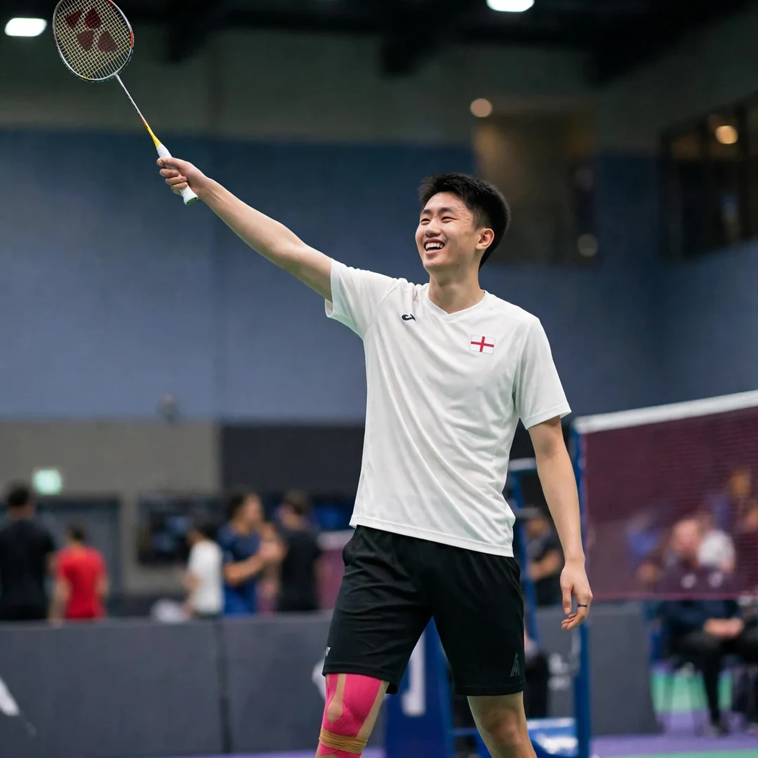 Harry Huang Harry Huang celebrating a victory with his racket raised (AI-generated)