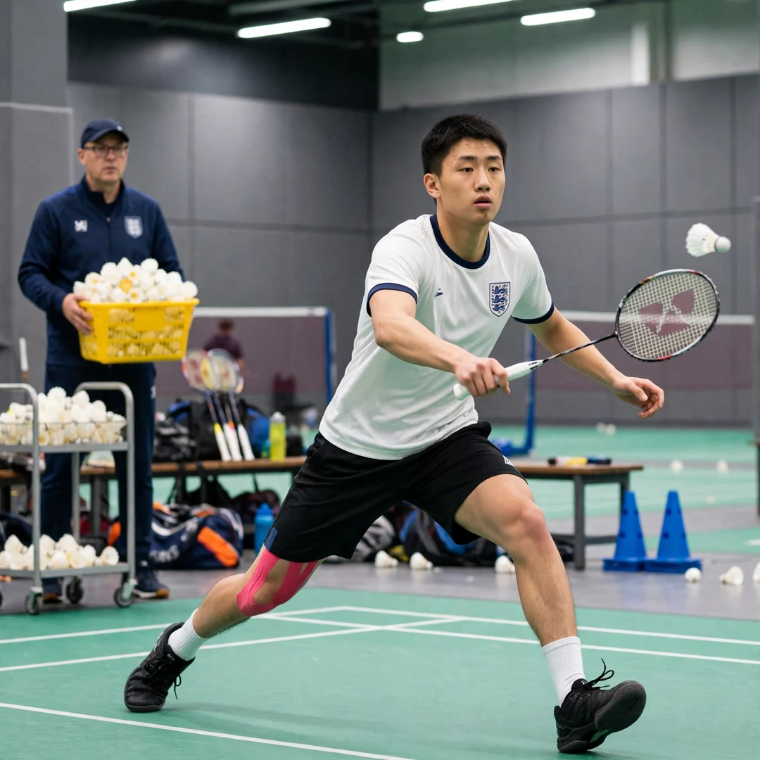 Harry Huang Harry Huang in a multi-shuttle training drill with his coach feeding shuttles (AI-generated)