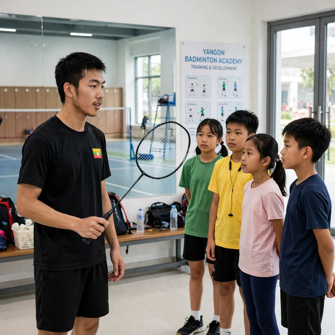 Hein Htut demonstrating a forehand grip to young students at a badminton academy (AI-generated) Hein Htut demonstrating a forehand grip to young students at a badminton academy (AI-generated)