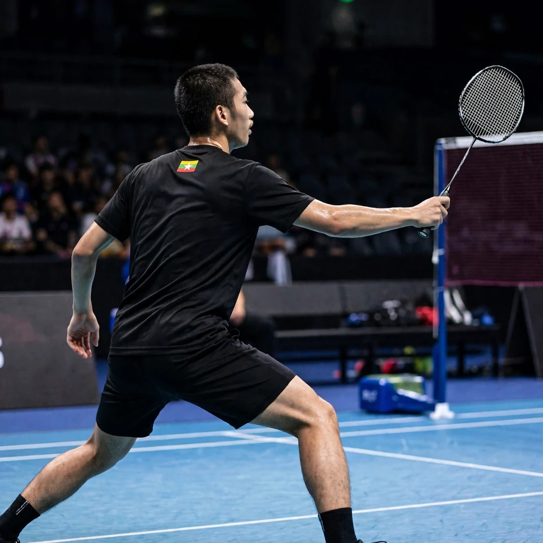 Hein Htut playing a cross-court backhand (AI-generated) Hein Htut playing a cross-court backhand (AI-generated)
