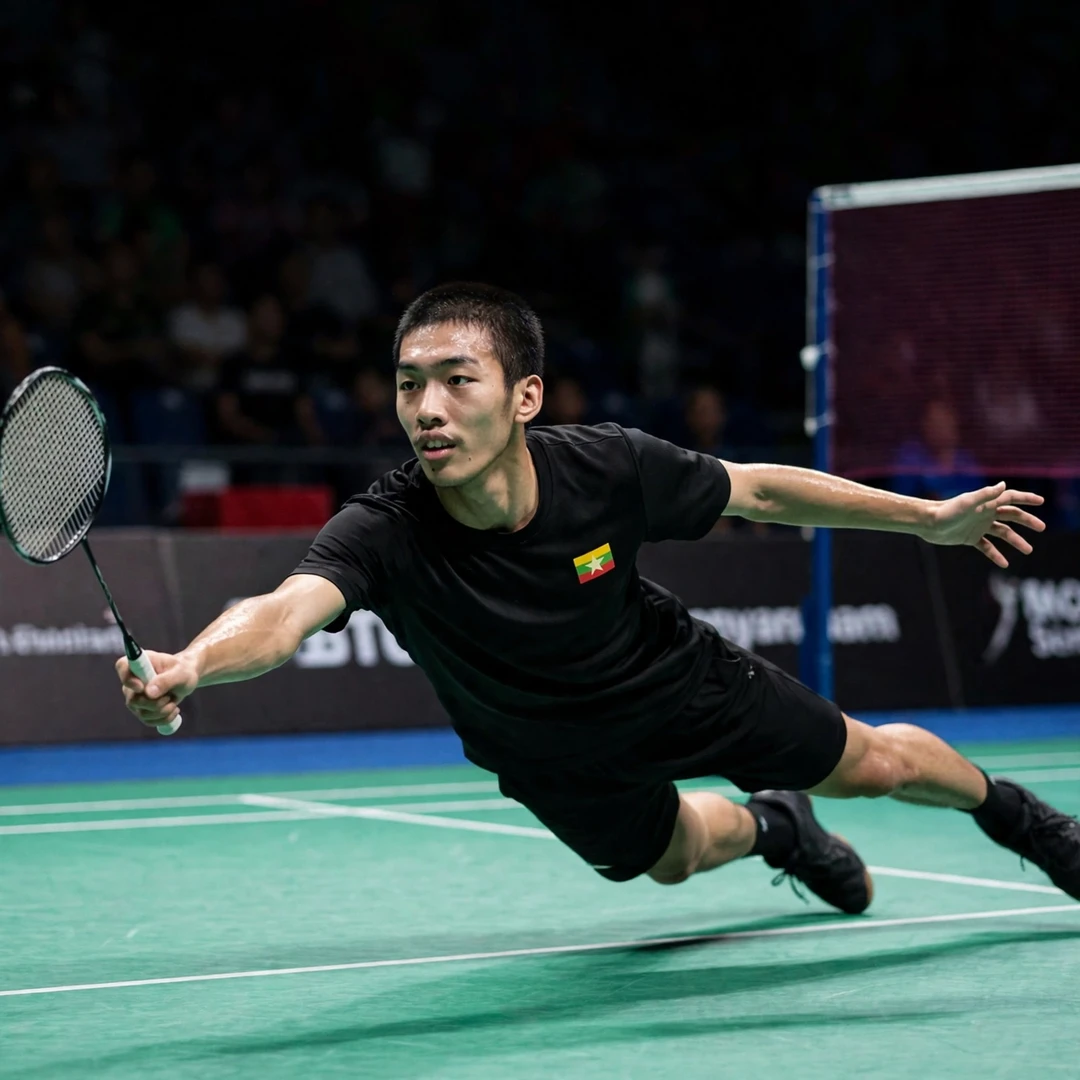 Hein Htut stretched wide in a low defensive dive (AI-generated) Hein Htut stretched wide in a low defensive dive (AI-generated)