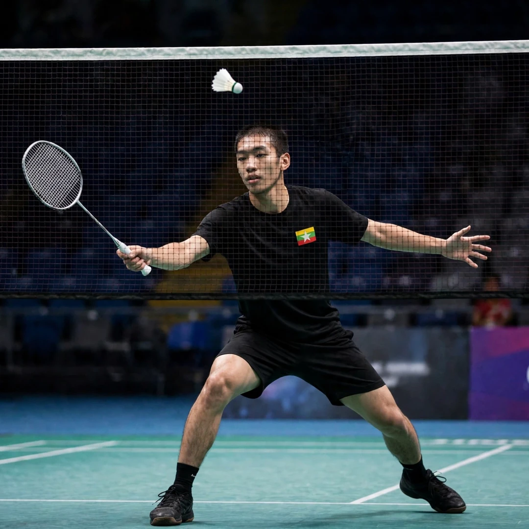 Hein Htut playing a tight spinning net shot (AI-generated) Hein Htut playing a tight spinning net shot (AI-generated)