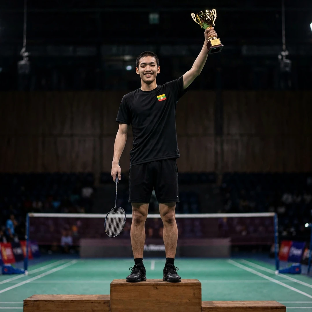 Hein Htut on the podium holding the Uganda International Series trophy in Kampala (AI-generated) Hein Htut on the podium holding the Uganda International Series trophy in Kampala (AI-generated)