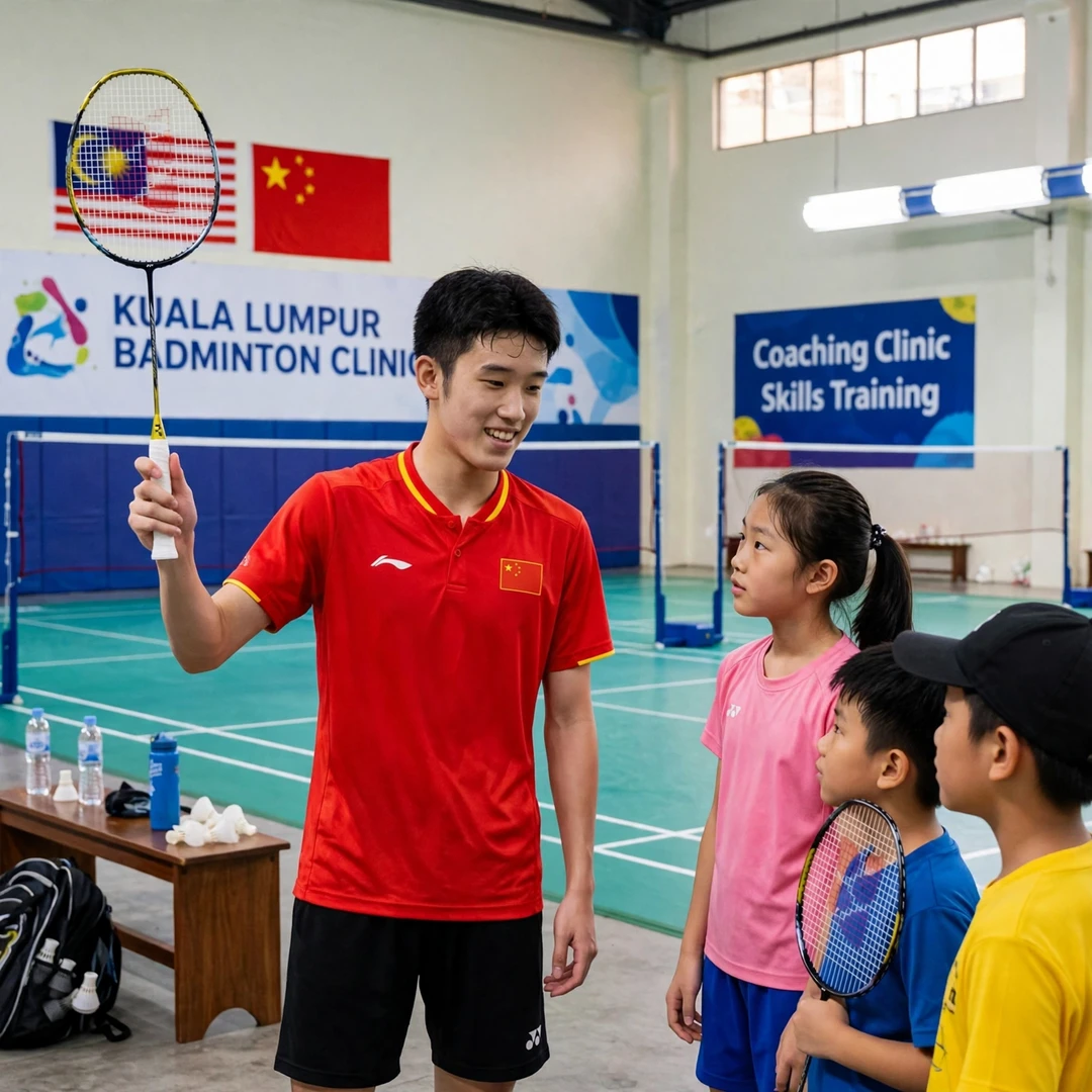 Hu Zhe An junior clinic Hu Zhe An coaching junior players at a clinic in Kuala Lumpur (AI-generated)