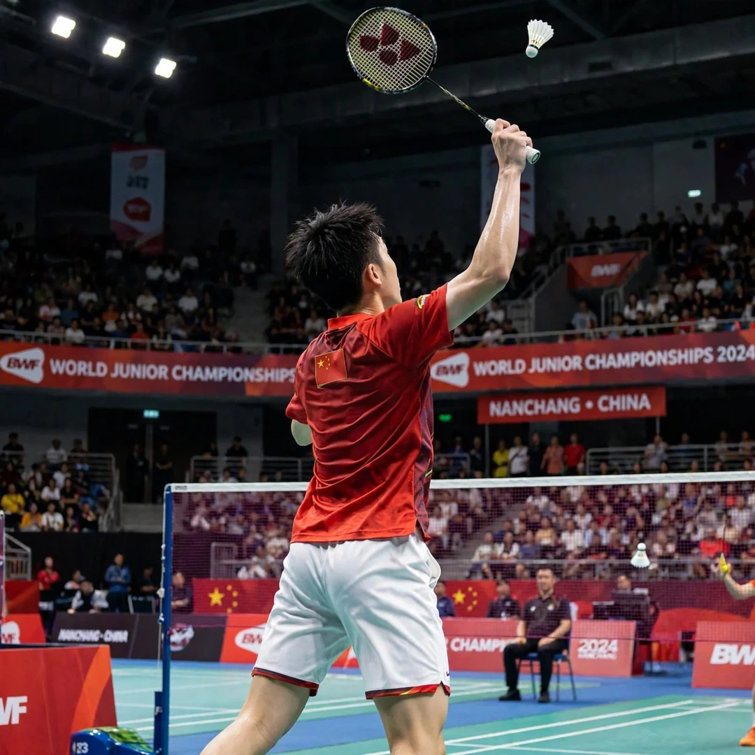 Hu Zhe An World Junior Championships Hu Zhe An playing a jump smash at the 2024 World Junior Championships in Nanchang (AI-generated)