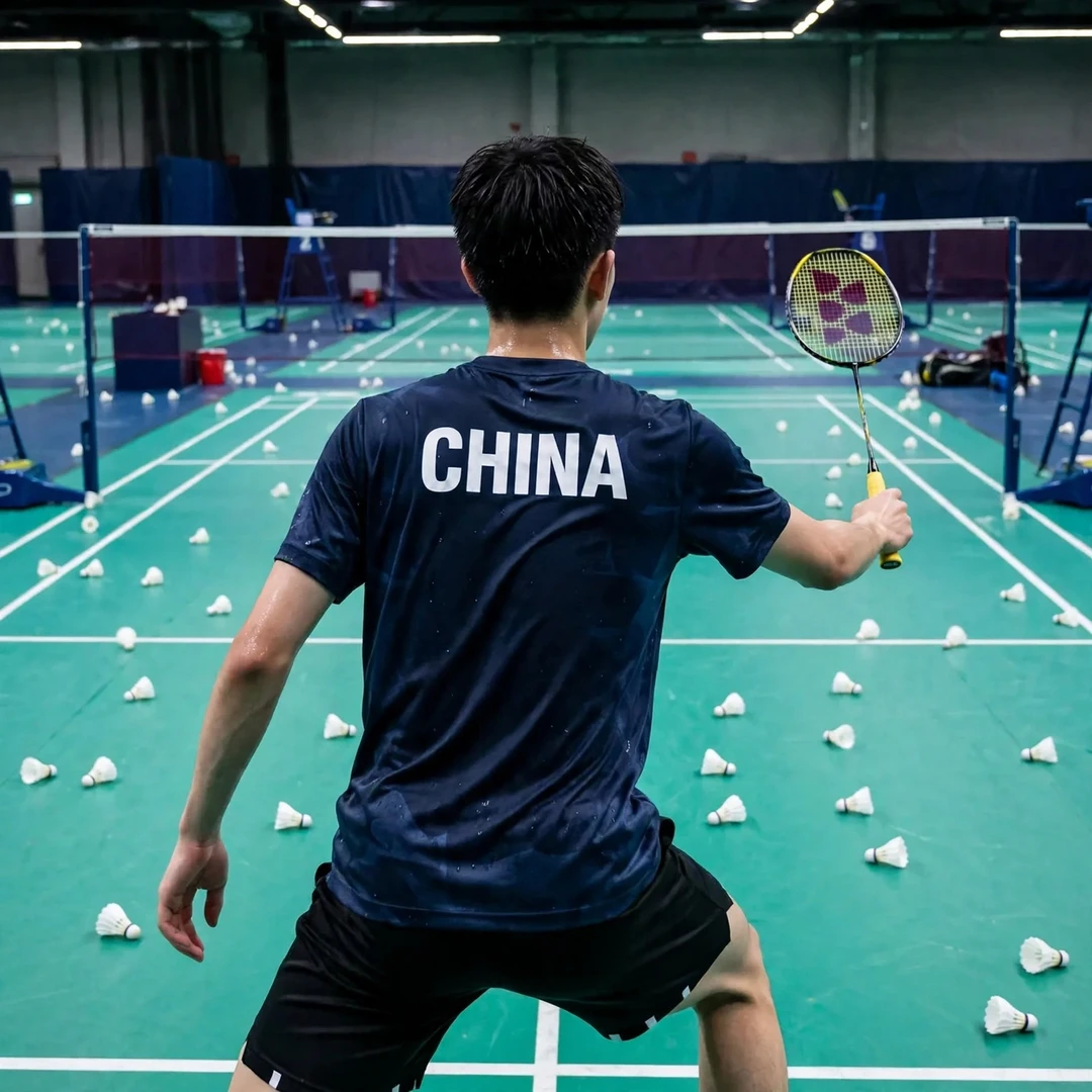 Hu Zhe An training Hu Zhe An in a multi-shuttle training drill with the China national team (AI-generated)