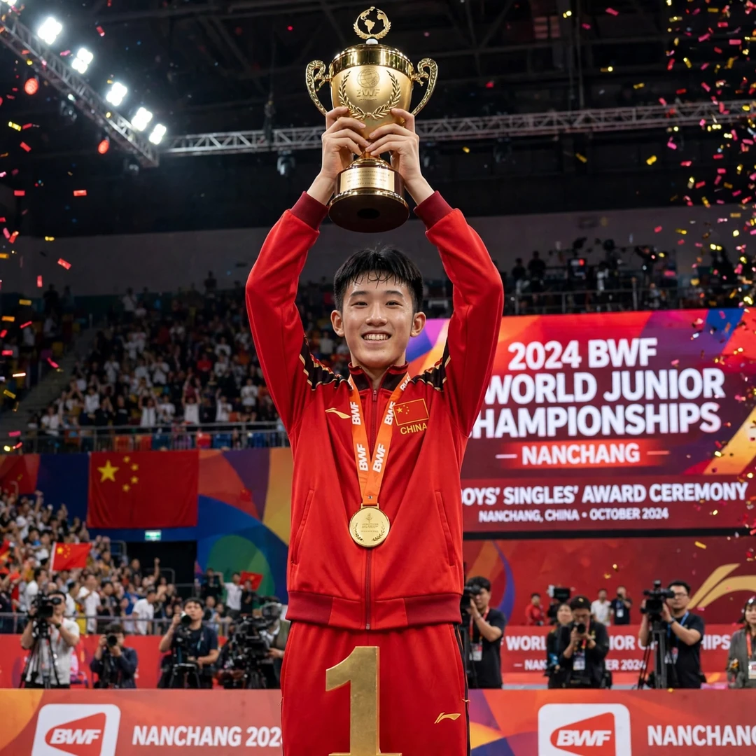 Hu Zhe An World Junior trophy Hu Zhe An lifting the 2024 World Junior Championships trophy (AI-generated)