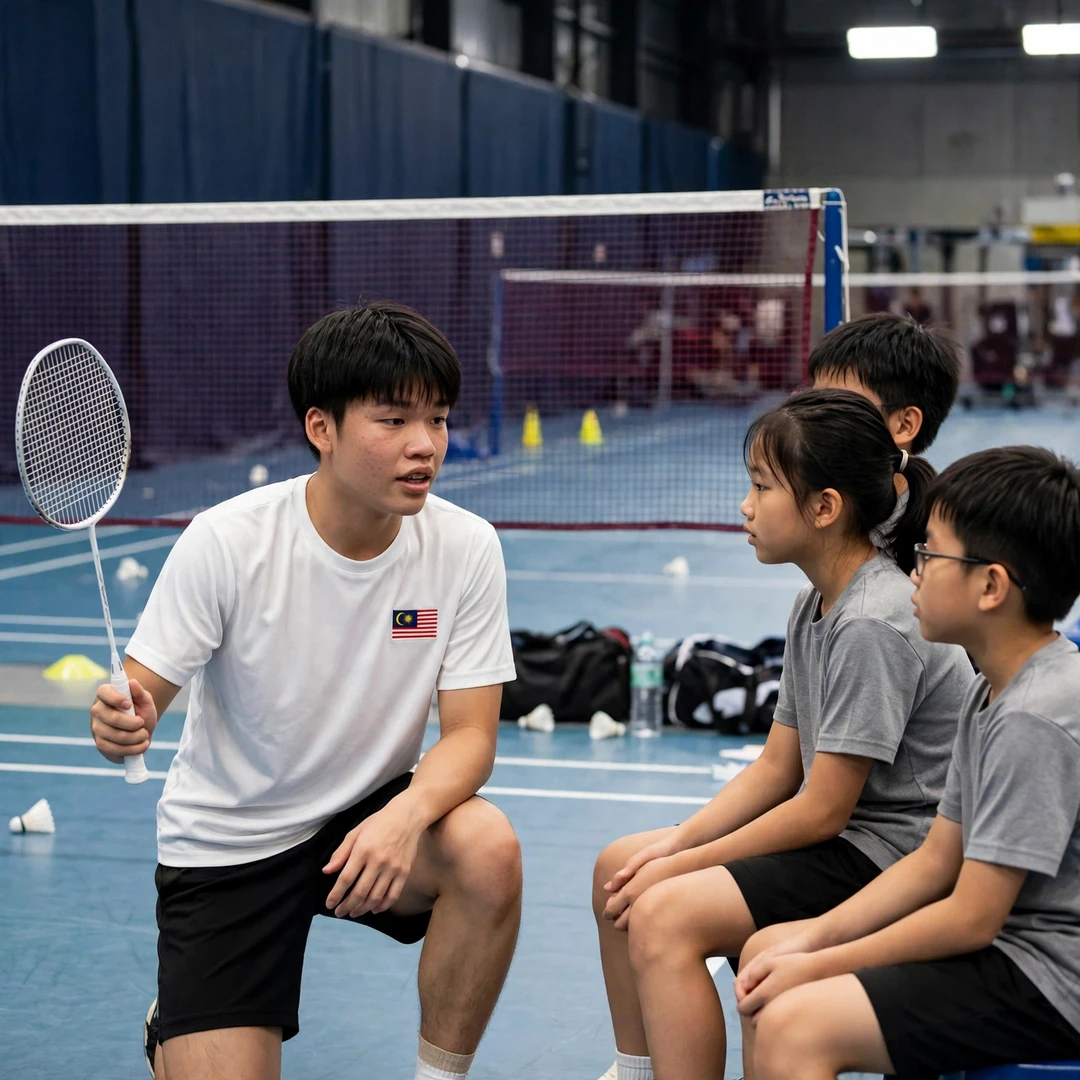 Huan Kai Hern demonstrating a net shot to junior players at a coaching clinic (AI-generated) Huan Kai Hern demonstrating a net shot to junior players at a coaching clinic (AI-generated)