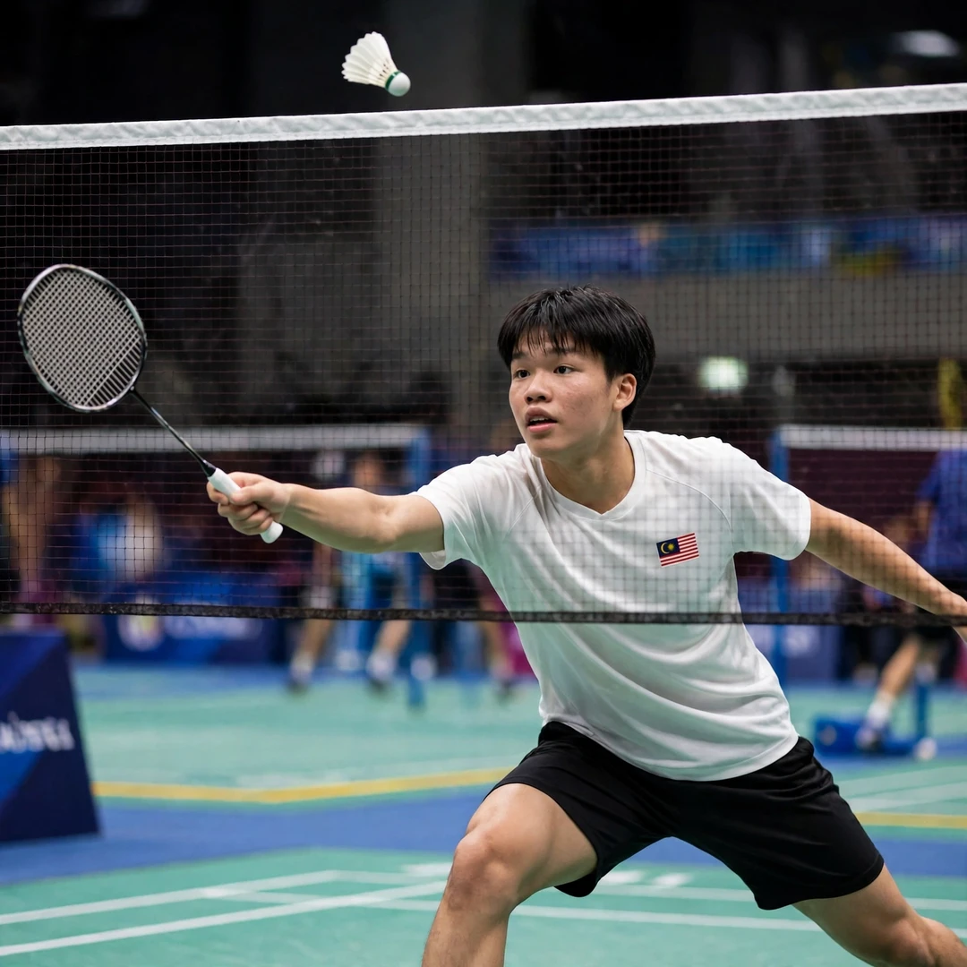 Huan Kai Hern playing a tight net shot, racket in his right hand (AI-generated) Huan Kai Hern playing a tight net shot, racket in his right hand (AI-generated)