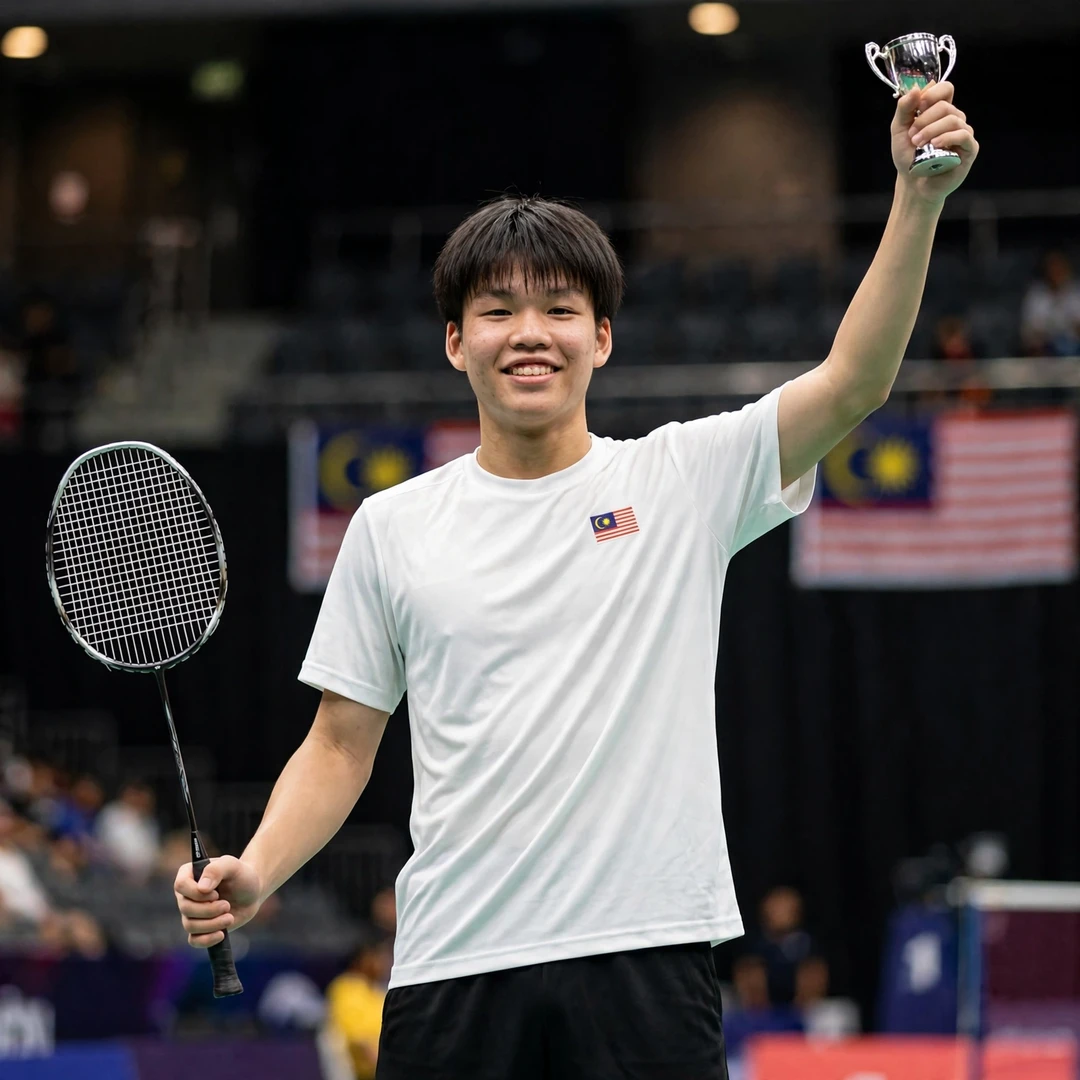 Huan Kai Hern holding up a trophy, racket in his right hand (AI-generated) Huan Kai Hern holding up a trophy, racket in his right hand (AI-generated)