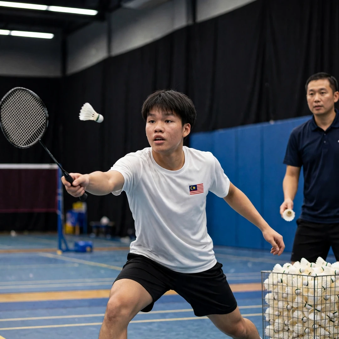 Huan Kai Hern in a multi-shuttle training drill with the Malaysian national back-up squad (AI-generated) Huan Kai Hern in a multi-shuttle training drill with the Malaysian national back-up squad (AI-generated)
