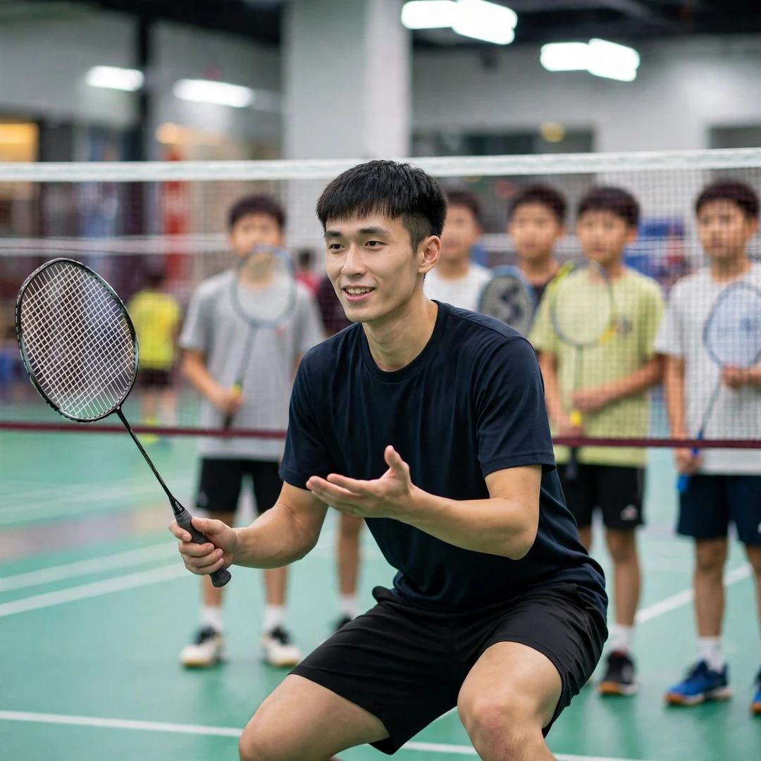 Huang Ping-Hsien demonstrating a net shot to junior players at a badminton clinic (AI-generated) Huang Ping-Hsien demonstrating a net shot to junior players at a badminton clinic (AI-generated)