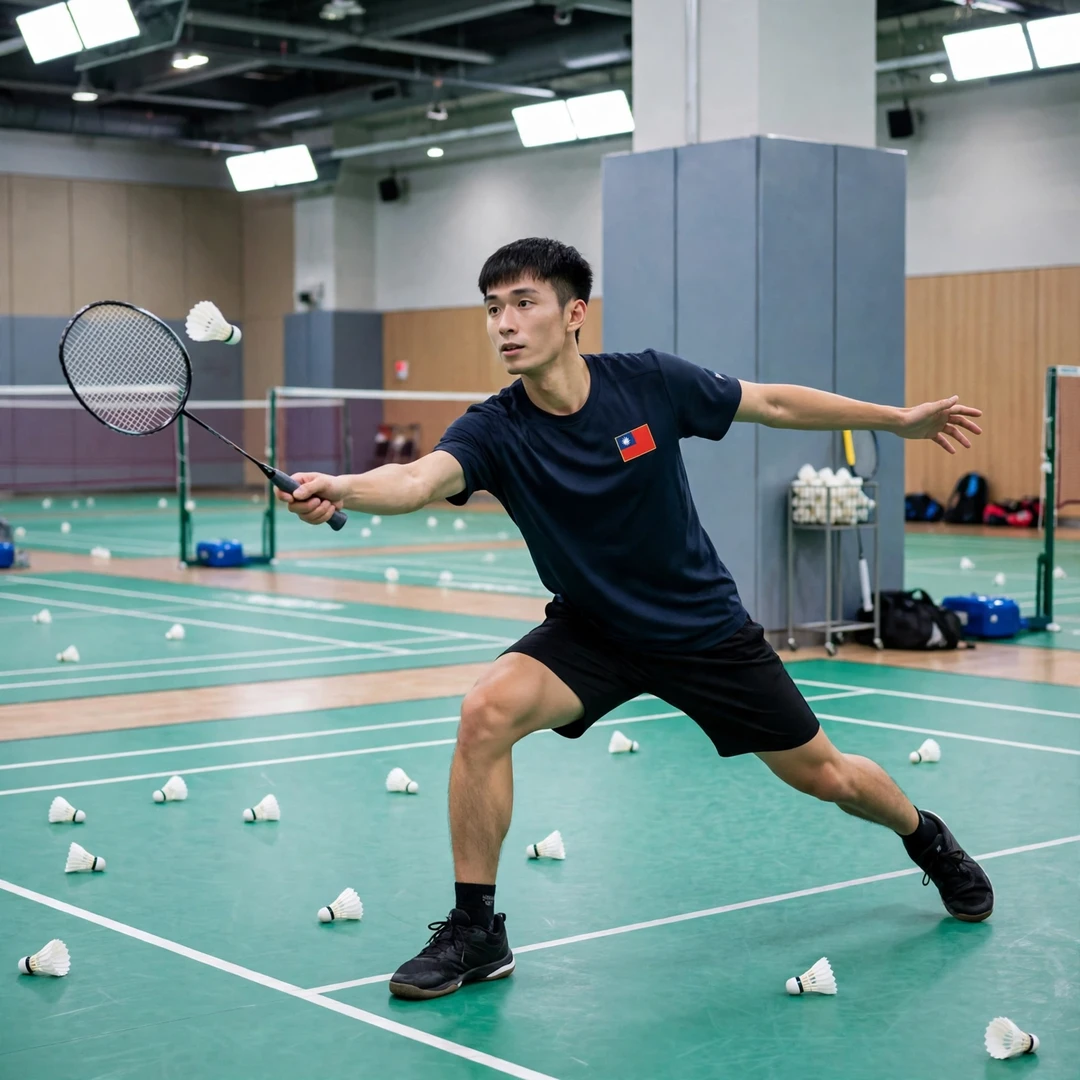 Huang Ping-Hsien in a multi-shuttle training drill (AI-generated) Huang Ping-Hsien in a multi-shuttle training drill (AI-generated)