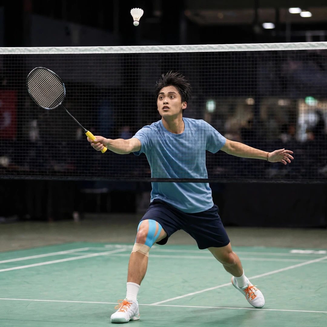 Huang Yu playing a tight net shot, racket in his right hand (AI-generated) Huang Yu playing a tight net shot, racket in his right hand (AI-generated)