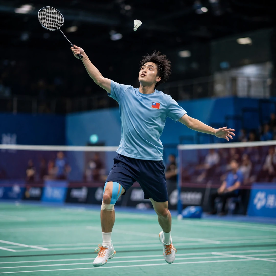 Huang Yu preparing a jump smash, racket in his right hand (AI-generated) Huang Yu preparing a jump smash, racket in his right hand (AI-generated)