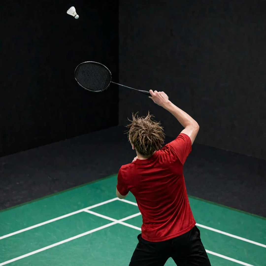 Jakob Houe playing a backhand clear (AI-generated) Jakob Houe playing a backhand clear (AI-generated)