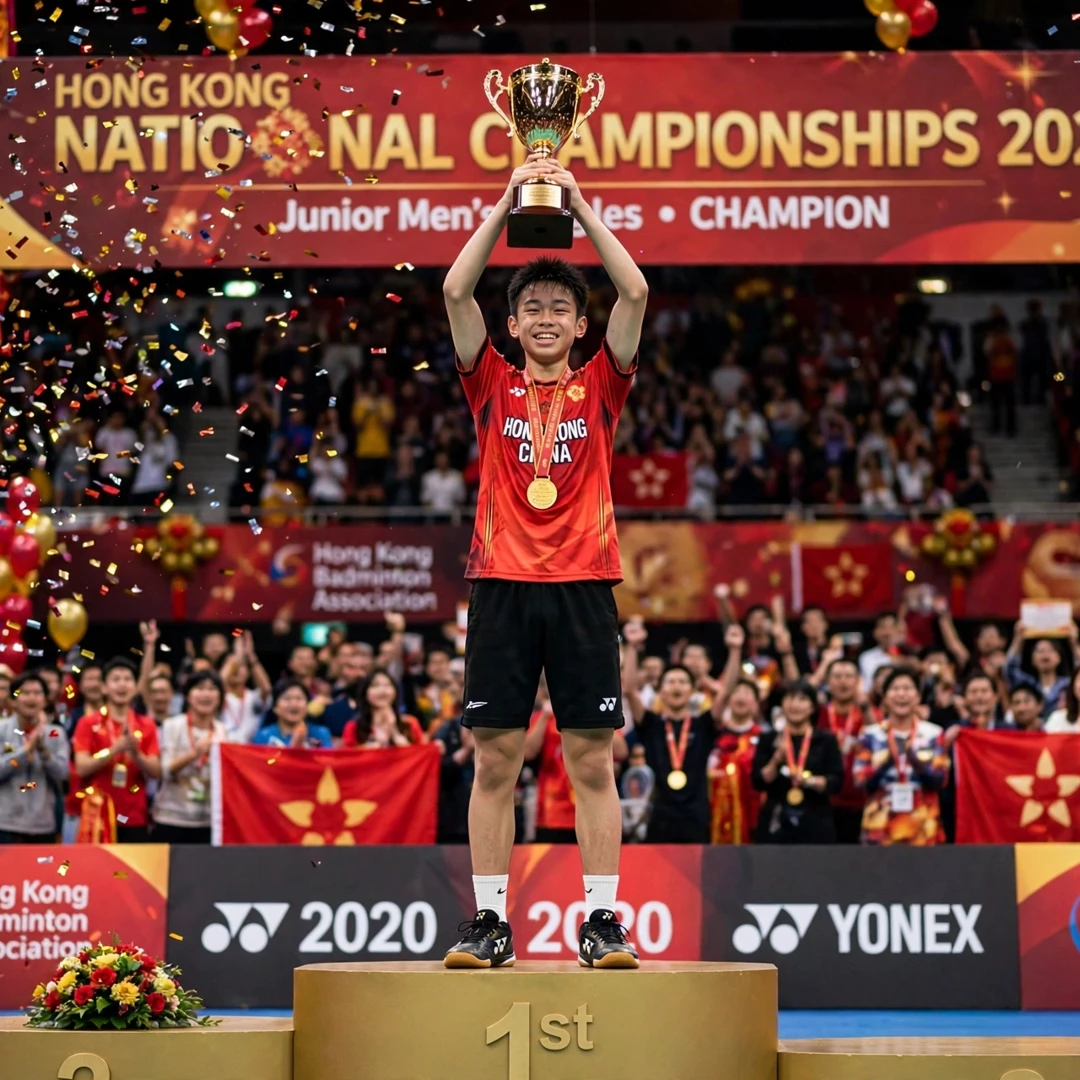 Jason Gunawan youngest Hong Kong national champion 2020 Jason Gunawan lifting the Hong Kong National Championships trophy in 2020 (AI-generated)