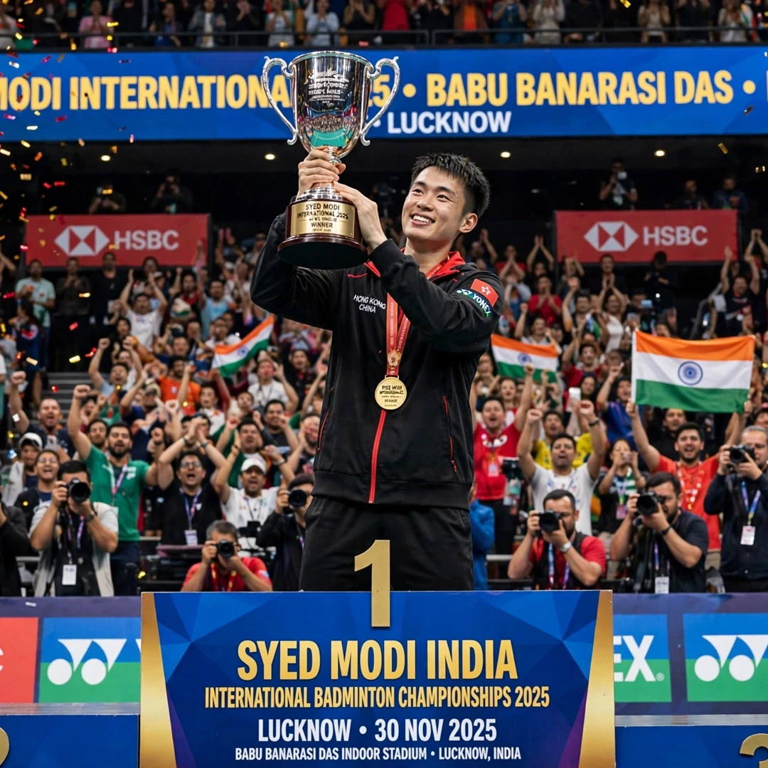 Jason Gunawan first BWF World Tour title Syed Modi 2025 Jason Gunawan lifting the Syed Modi International 2025 trophy (AI-generated)