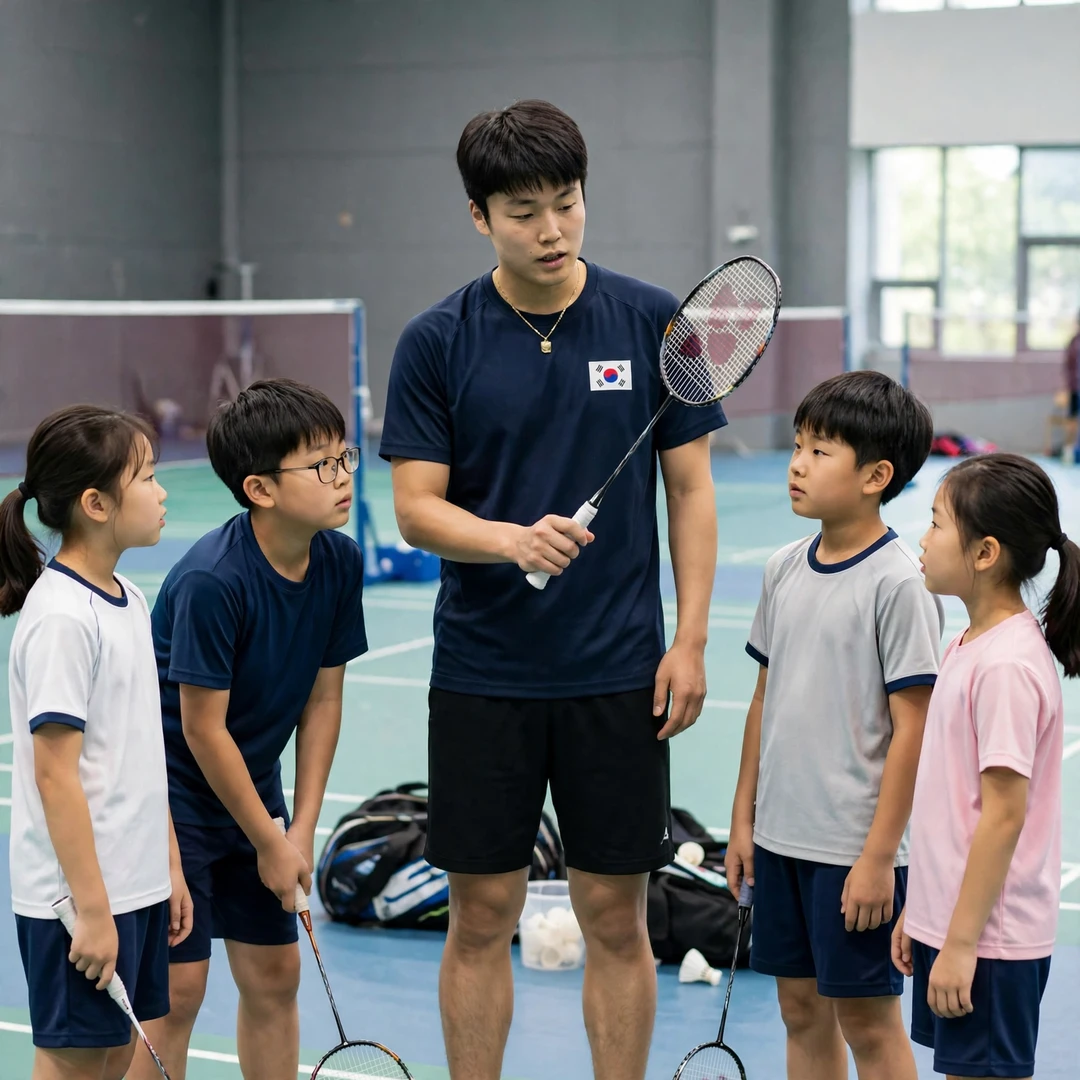 Jeon Hyeok Jin 배드민턴 클리닉 주니어 배드민턴 클리닉에서 주니어 선수들에게 그립을 시범 보이는 Jeon Hyeok Jin (AI 생성)
