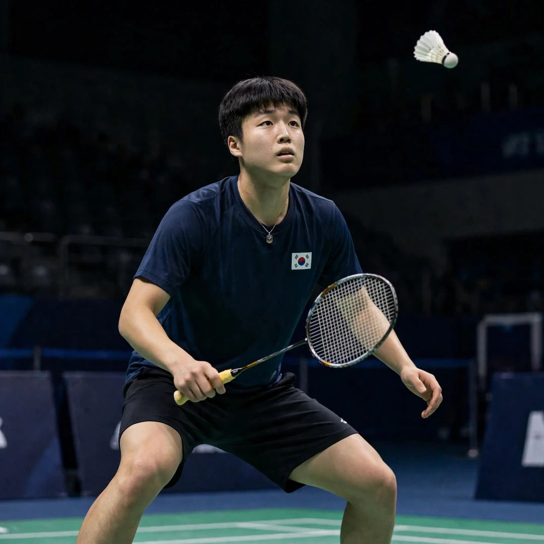 Jeon Hyeok Jin 수비 크라우치 스매시를 막기 위해 낮게 웅크린 수비 자세의 Jeon Hyeok Jin (AI 생성)