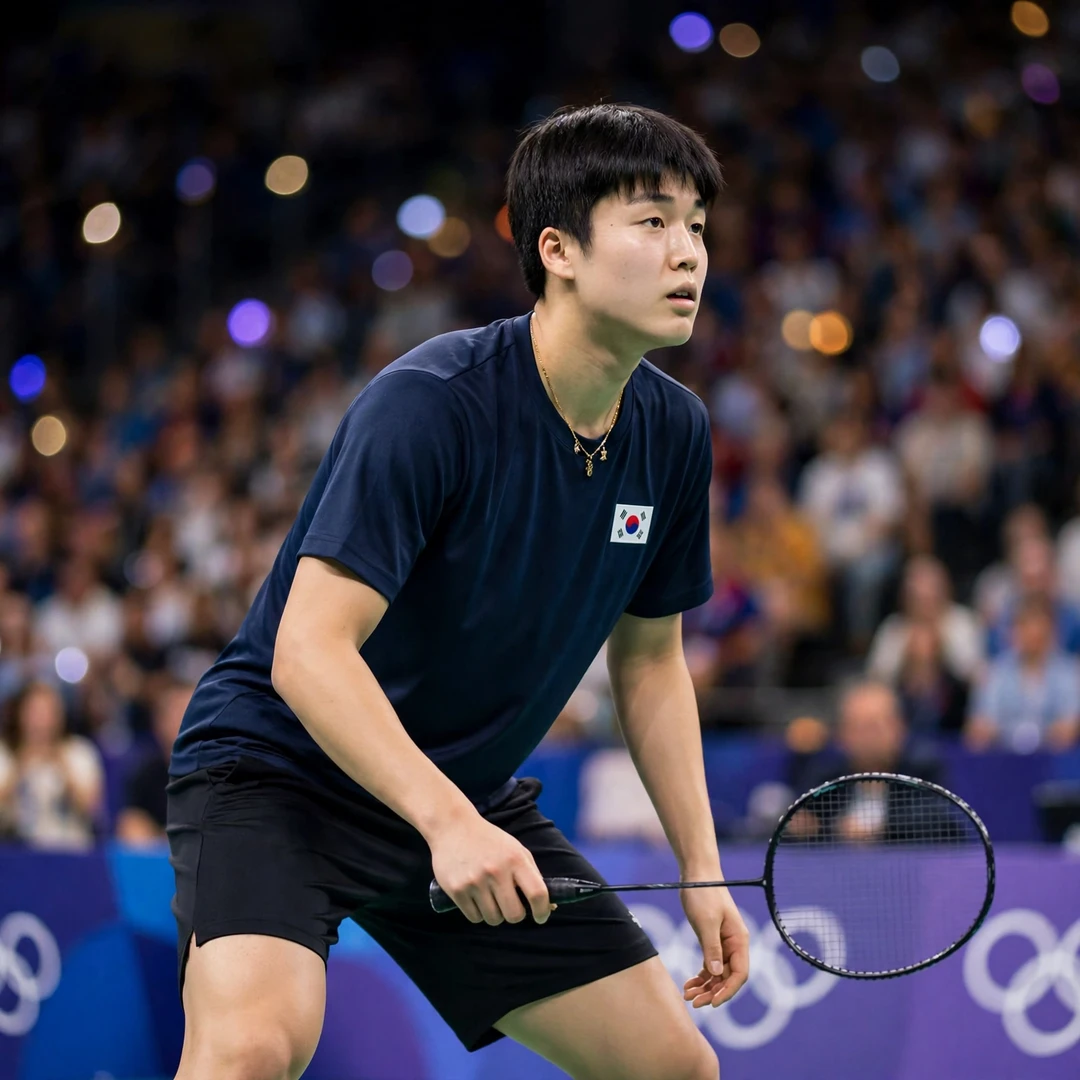 Jeon Hyeok Jin 파리 2024 올림픽 파리 2024 올림픽에서 오른손에 라켓을 쥔 채 준비 자세를 취한 Jeon Hyeok Jin (AI 생성)
