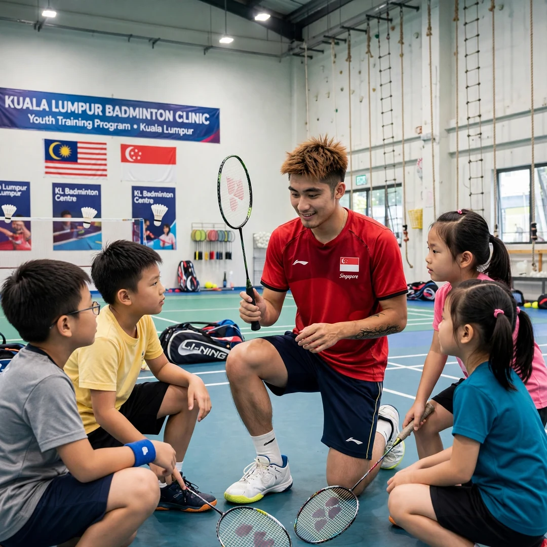 Jia Heng Teh junior clinic Jia Heng Teh coaching junior players at a clinic in Kuala Lumpur (AI-generated)