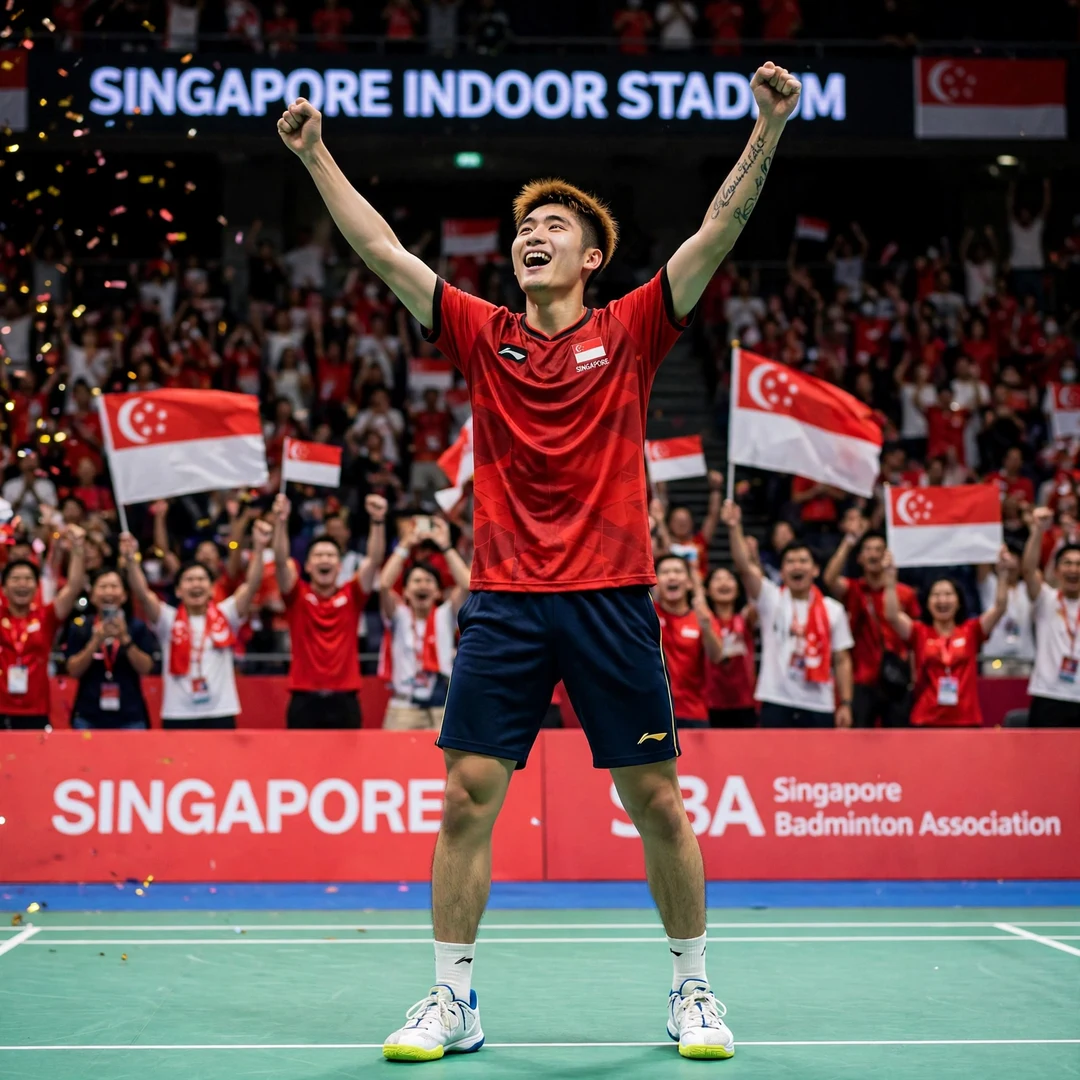 Jia Heng Teh home celebration Jia Heng Teh celebrating in front of his home crowd at the Singapore Indoor Stadium (AI-generated)