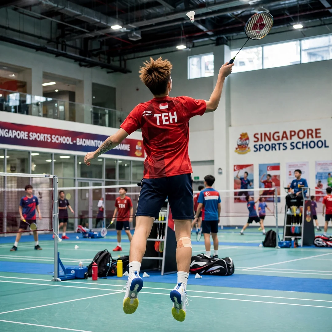 Jia Heng Teh Singapore Sports School Young Jia Heng Teh playing a jump smash at the Singapore Sports School (AI-generated)