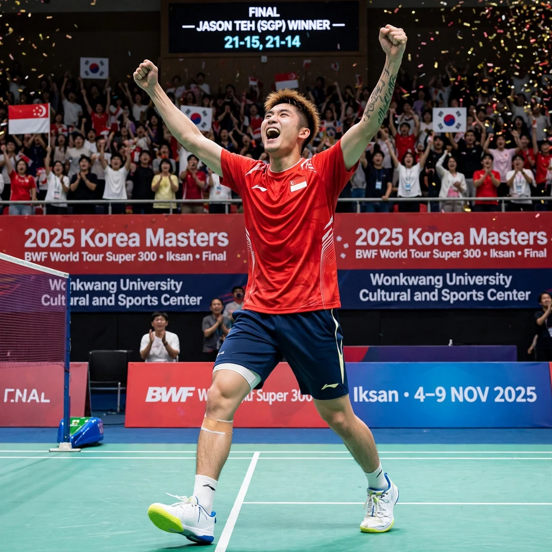 Jia Heng Teh Korea Masters celebration Jia Heng Teh celebrating his 2025 Korea Masters title in Iksan (AI-generated)