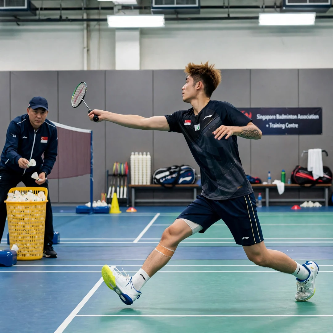 Jia Heng Teh training Jia Heng Teh in a multi-shuttle training drill with the Singapore national team (AI-generated)