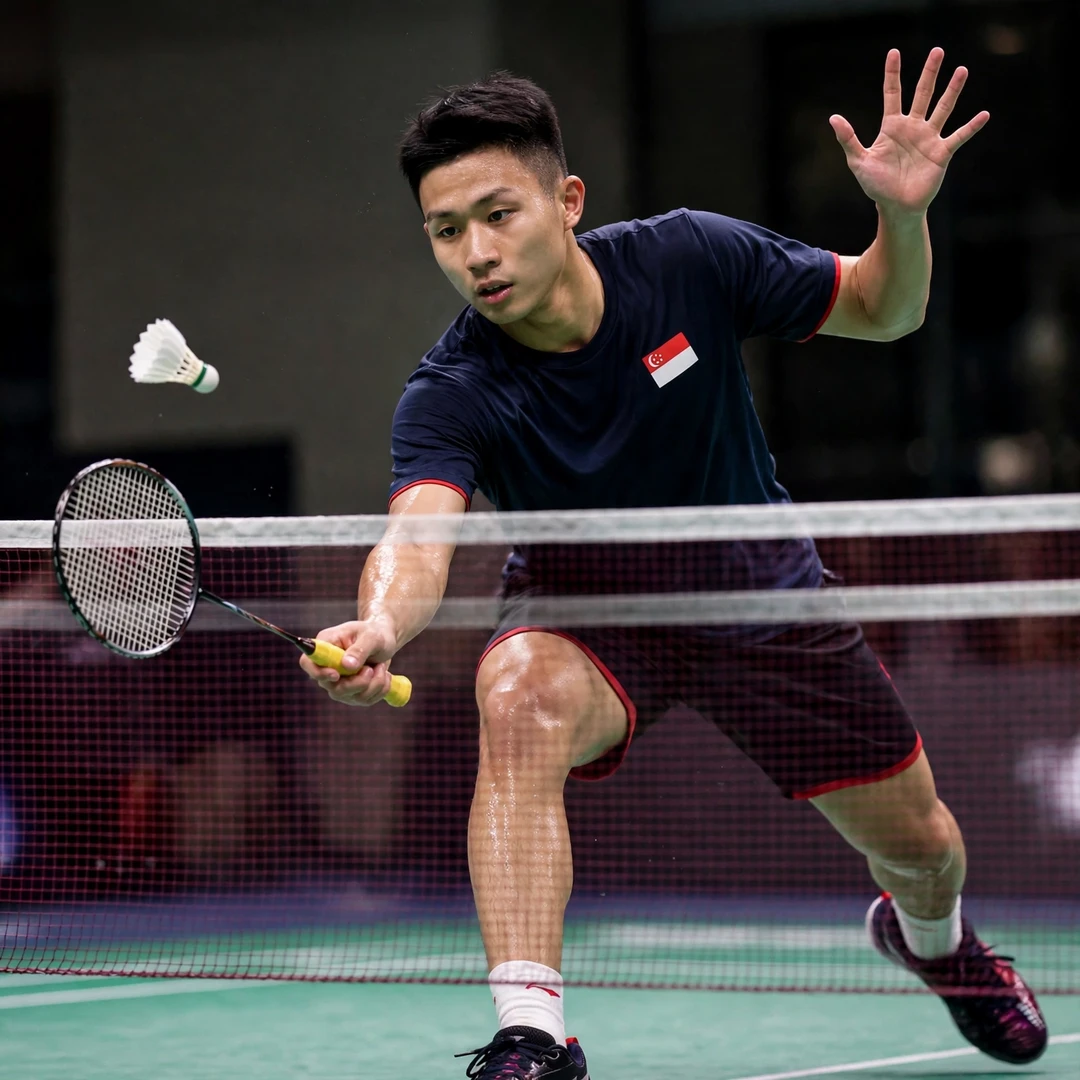 Jia Wei Joel Koh playing a tight net shot, racket in his right hand (AI-generated) Jia Wei Joel Koh playing a tight net shot, racket in his right hand (AI-generated)