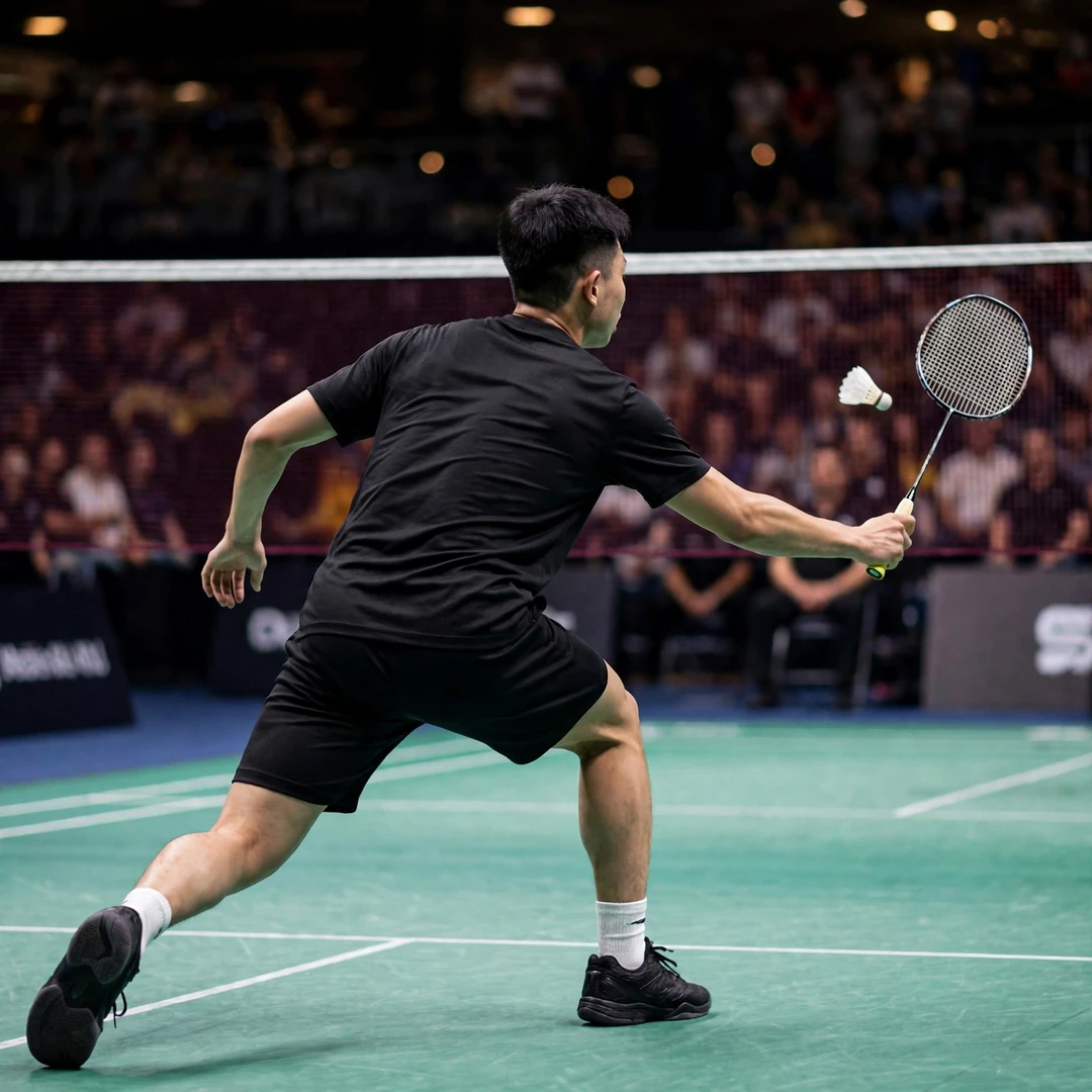 Jia Wei Joel Koh playing a cross-court forehand clear from the rear court (AI-generated) Jia Wei Joel Koh playing a cross-court forehand clear from the rear court (AI-generated)