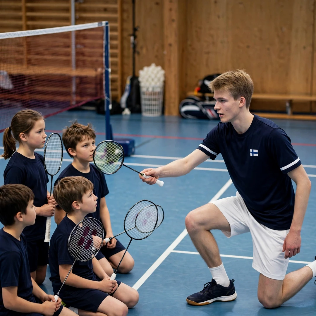 Joakim Oldorff demonstrating a net shot to junior players at a badminton clinic (AI-generated) Joakim Oldorff demonstrating a net shot to junior players at a badminton clinic (AI-generated)