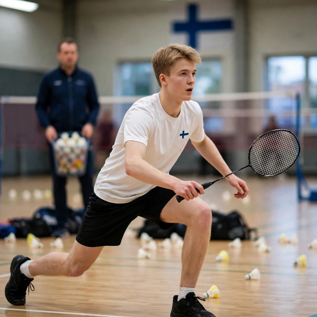 Joakim Oldorff in a multi-shuttle training drill (AI-generated) Joakim Oldorff in a multi-shuttle training drill (AI-generated)