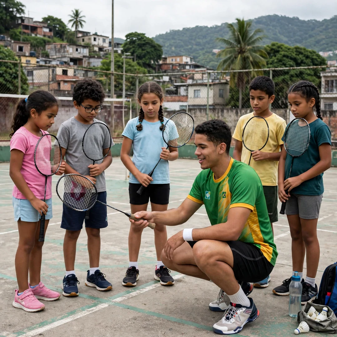 Jonathan Matias of Brazil teaching children at a community badminton clinic in Rio de Janeiro (AI-generated) Jonathan Matias of Brazil teaching children at a community badminton clinic in Rio de Janeiro (AI-generated)
