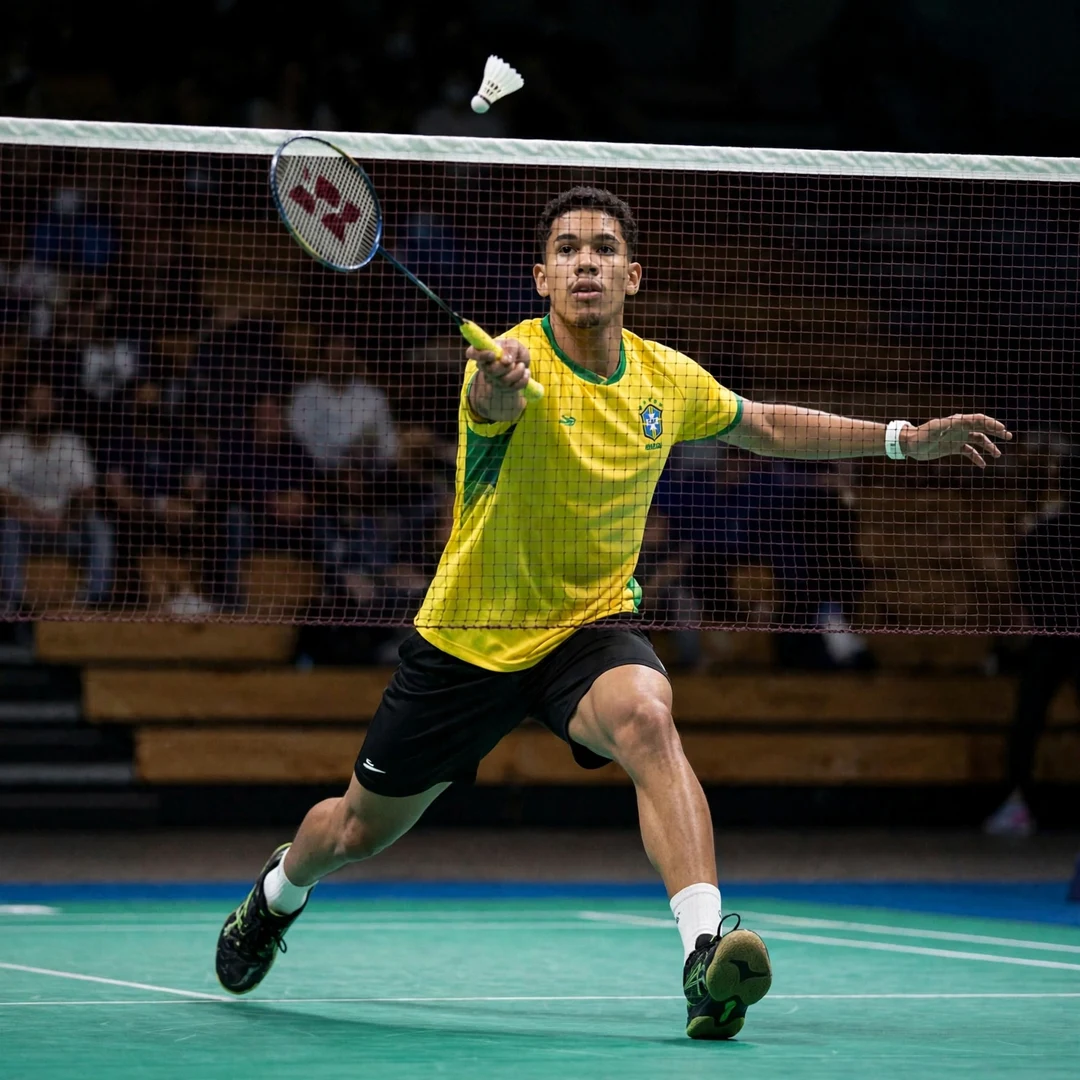 Jonathan Matias of Brazil playing a net shot (AI-generated) Jonathan Matias of Brazil playing a net shot (AI-generated)