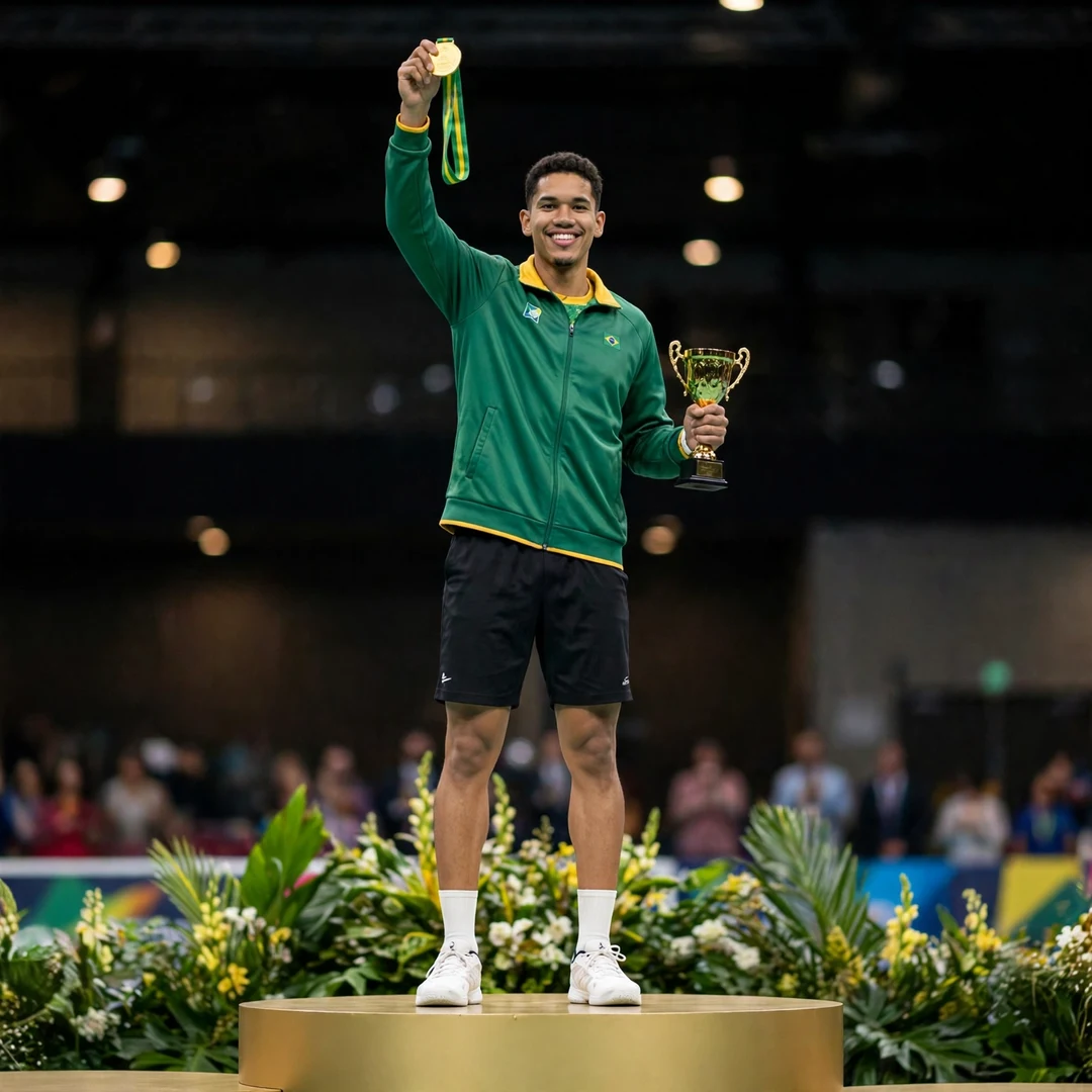 Jonathan Matias of Brazil on the podium with a gold medal and trophy (AI-generated) Jonathan Matias of Brazil on the podium with a gold medal and trophy (AI-generated)