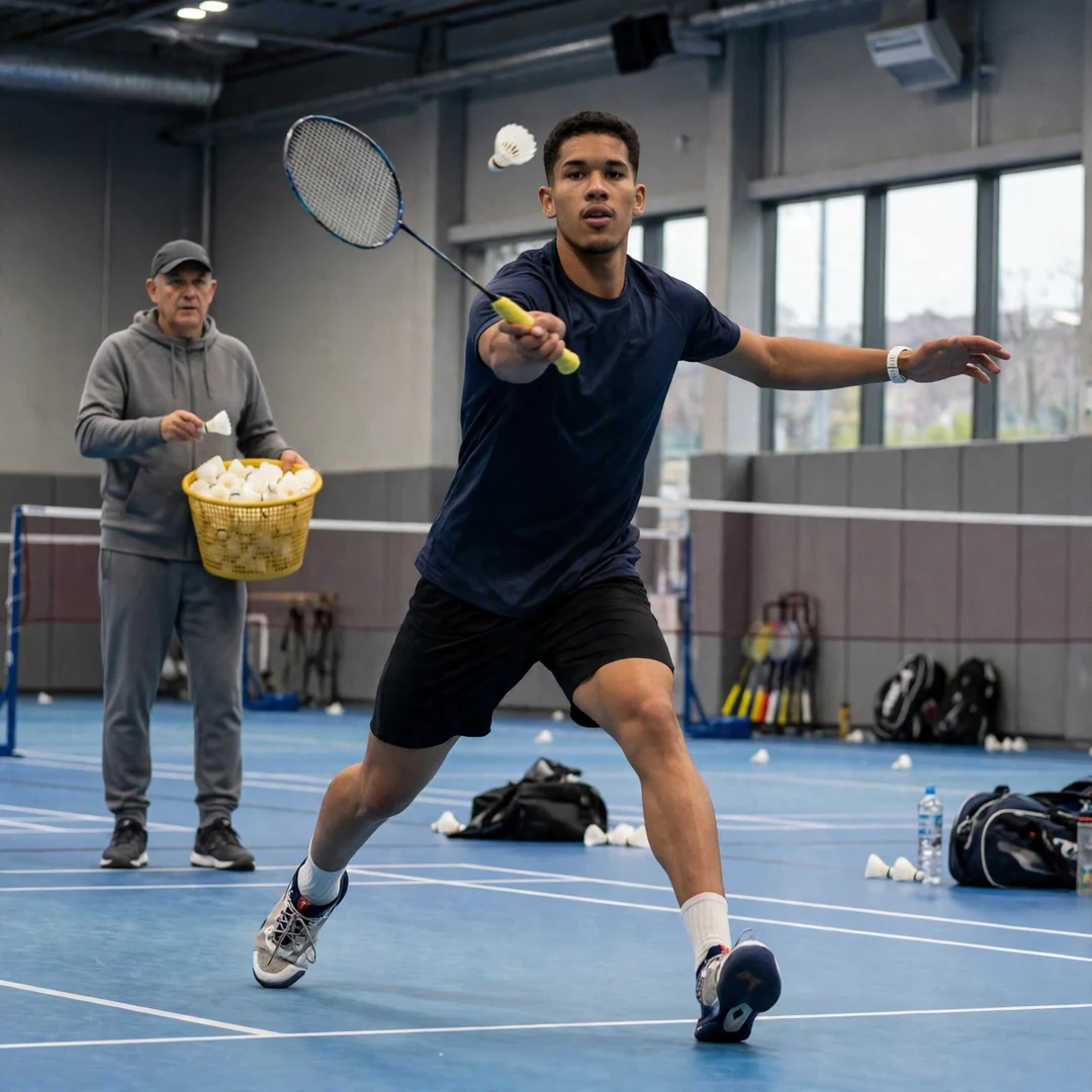 Jonathan Matias of Brazil training in Denmark with a coach feeding shuttlecocks (AI-generated) Jonathan Matias of Brazil training in Denmark with a coach feeding shuttlecocks (AI-generated)
