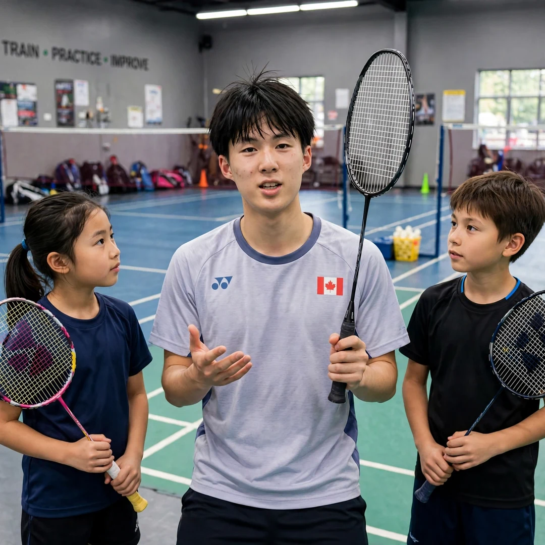 Joshua Nguyen Coaching Juniors Joshua Nguyen demonstrating grip technique to junior players, racket in his left hand (AI-generated)