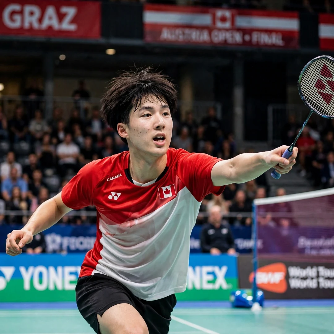 Joshua Nguyen Austrian Open Final Joshua Nguyen playing a left-handed net shot in the Austrian Open final in Graz (AI-generated)