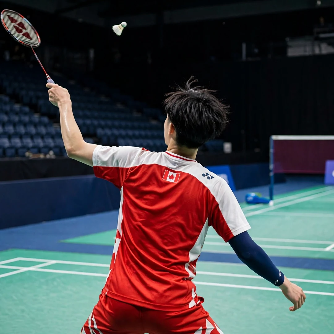 Joshua Nguyen Backhand Joshua Nguyen reaching up for a backhand clear in the deep backhand corner, seen from behind (AI-generated)