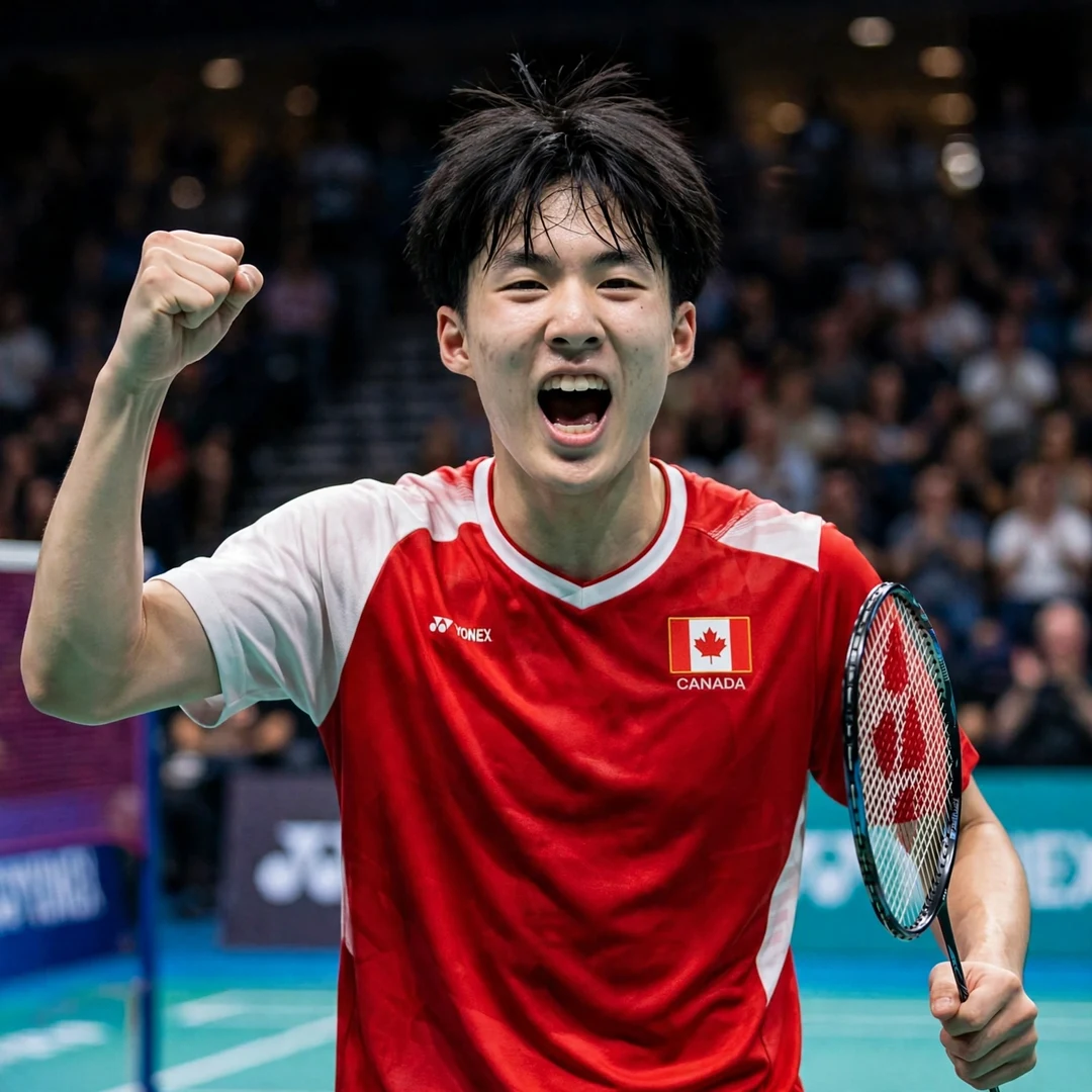 Joshua Nguyen Celebrating Joshua Nguyen celebrating a match point with a fist pump, racket in his left hand (AI-generated)