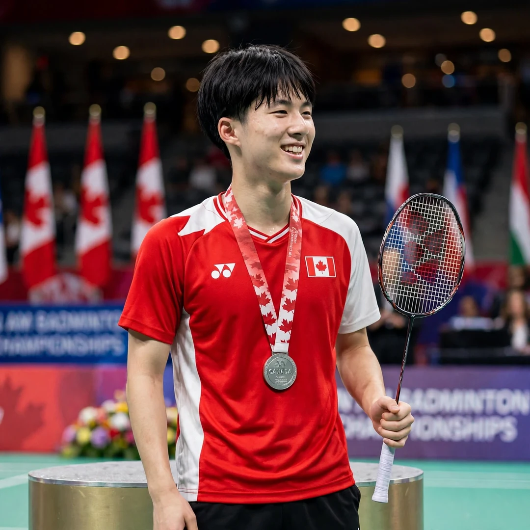 Joshua Nguyen Pan Am Silver Medallist Joshua Nguyen on the podium with his Pan Am Championships silver medal, racket in his left hand (AI-generated)