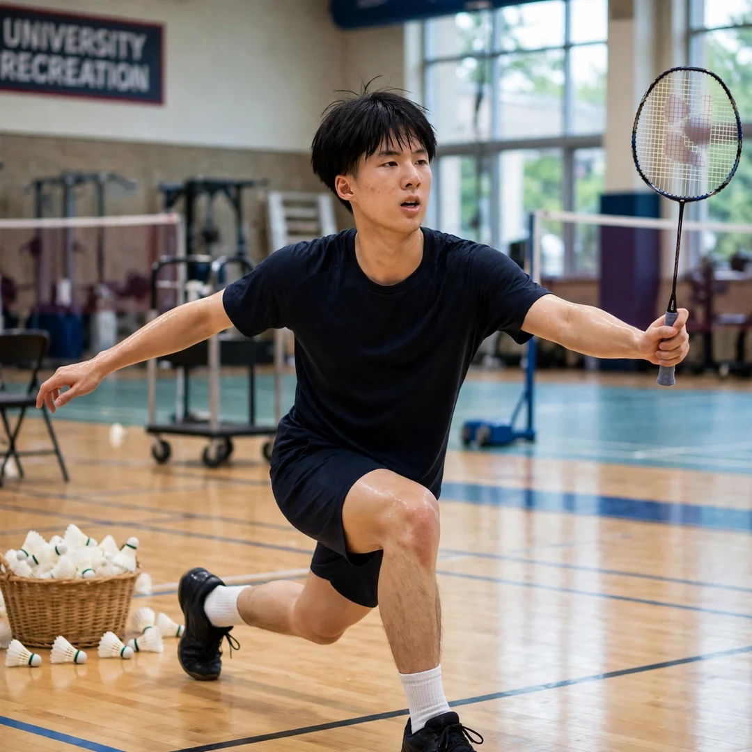 Joshua Nguyen Training Joshua Nguyen in a multi-shuttle training drill, racket in his left hand (AI-generated)
