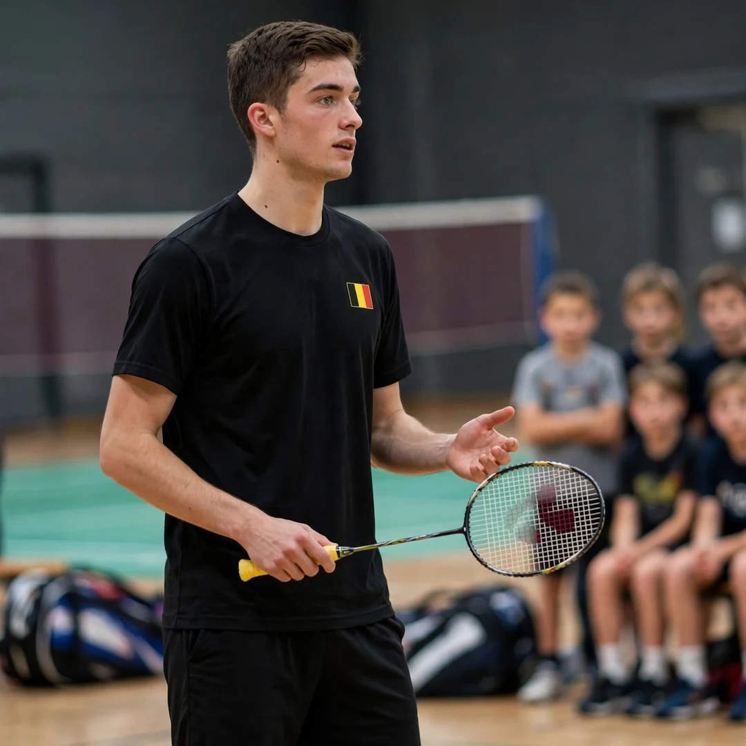 Julien Carraggi badminton clinic juniors Julien Carraggi demonstrating technique to junior players at a clinic (AI-generated)