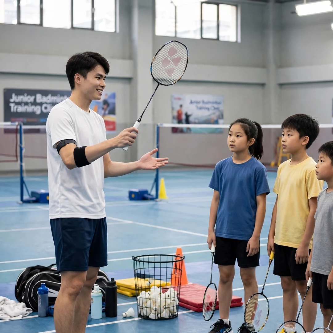 Justin Hoh coaching juniors AI-generated Justin Hoh demonstrating the forehand grip to junior players at a clinic (AI-generated)