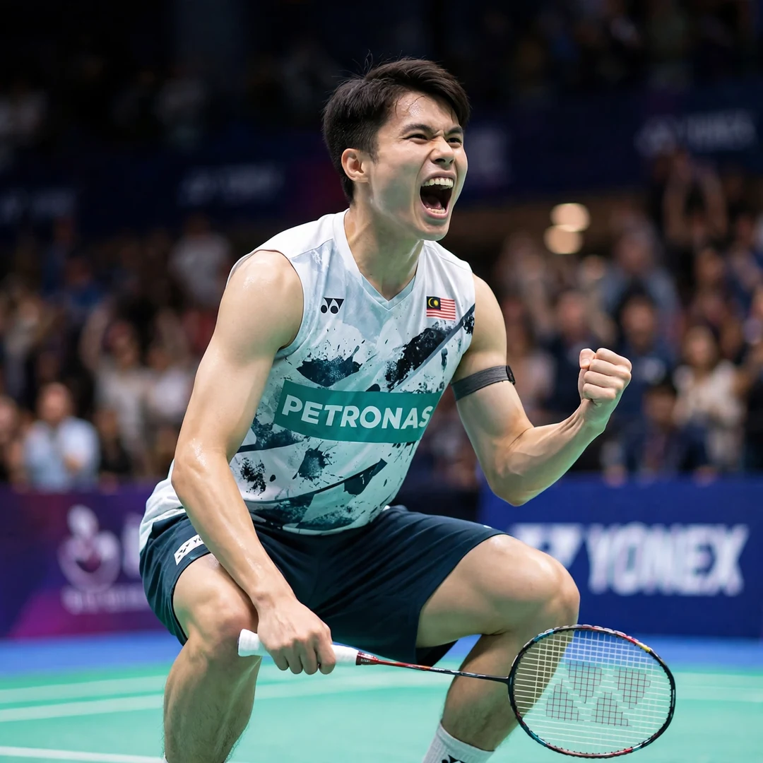 Justin Hoh celebration AI-generated Justin Hoh roaring in celebration after winning a match point (AI-generated)