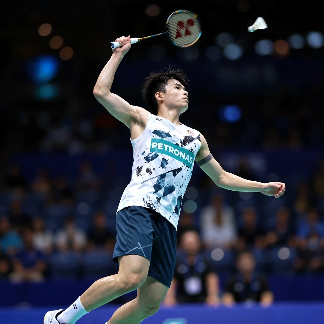Justin Hoh playing style AI-generated Justin Hoh smashing from the rear court with his right hand (AI-generated)