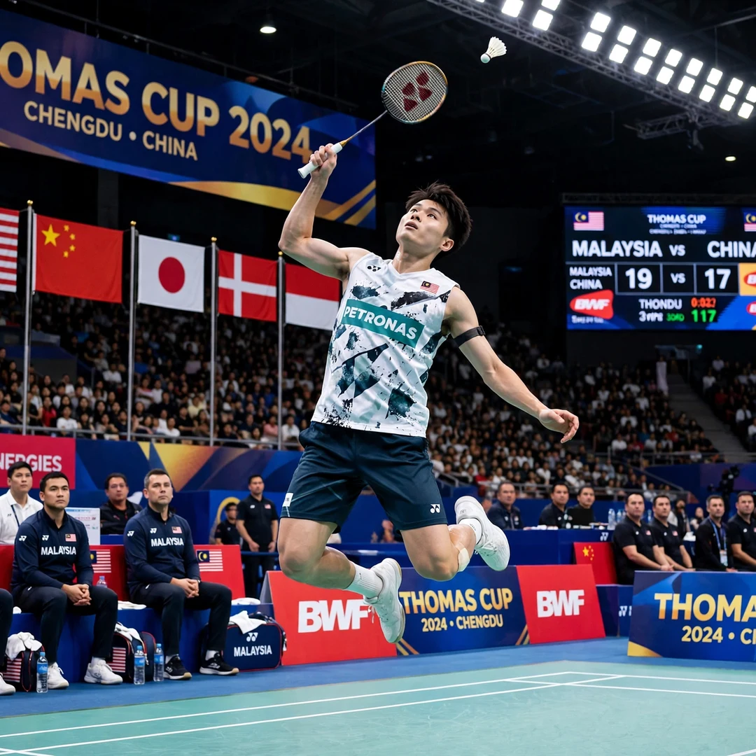 Justin Hoh Thomas Cup AI-generated Justin Hoh playing a jump smash for Malaysia at the Thomas Cup in Chengdu (AI-generated)