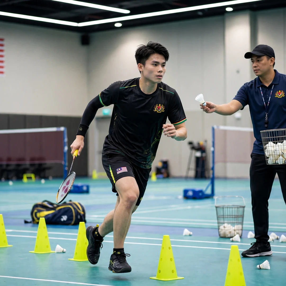 Justin Hoh training AI-generated Justin Hoh in a multi-shuttle footwork drill at the Malaysian national academy (AI-generated)